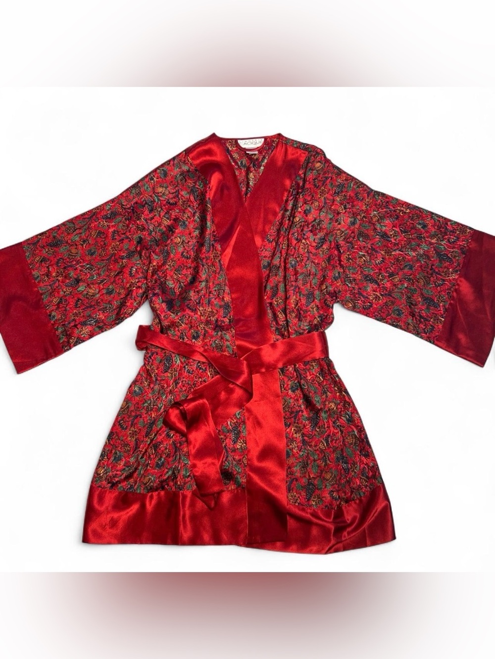 Vintage Lingerie Cacique Red Floral Jacquard Kimono Robe S